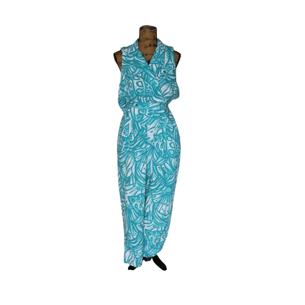 VTG 80s Especially Yours Teal White Floral  Sleeveless  Jumpsuit Women’s XS/S